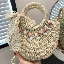 小清新花朵編織包包2024新款海邊度假沙灘單肩包手提草編菜籃子包