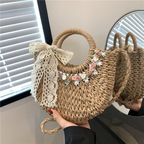 小清新花朵編織包包2024新款海邊度假沙灘單肩包手提草編菜籃子包