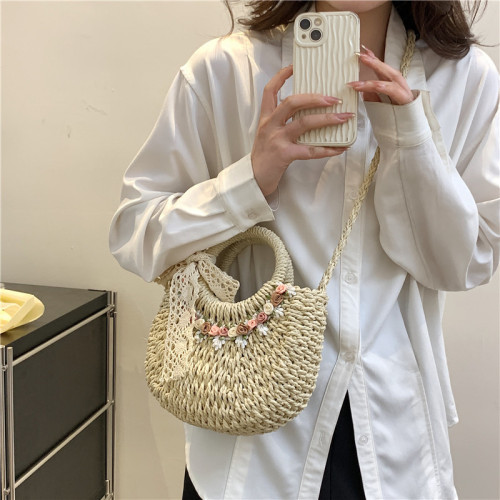小清新花朵編織包包2024新款海邊度假沙灘單肩包手提草編菜籃子包