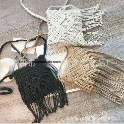 女士斜後背包手工包包棉線繩針織流蘇包沙灘女包編織包草編包單肩包