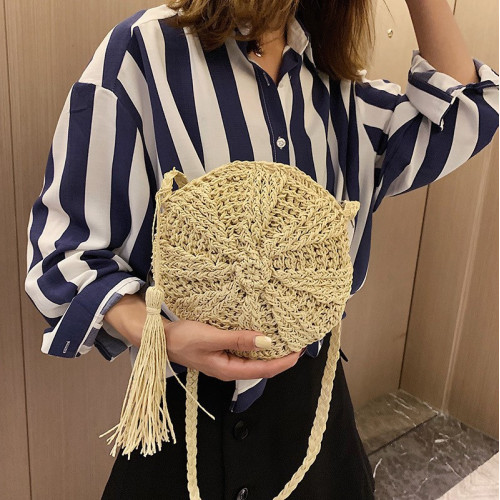 圓形編織包包時尚流蘇包鉤花女士斜後背包復古單肩女包流行草編包