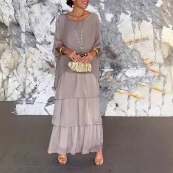 歐美2024新款氣質優雅女裝時尚純色雪紡網紗蝙蝠袖圓領蛋糕連衣裙
