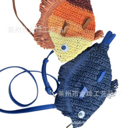 魚造型草編包彩色魚包紙繩鉤織斜背女包手工編織包包