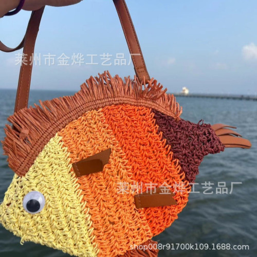 魚造型草編包彩色魚包紙繩鉤織斜背女包手工編織包包