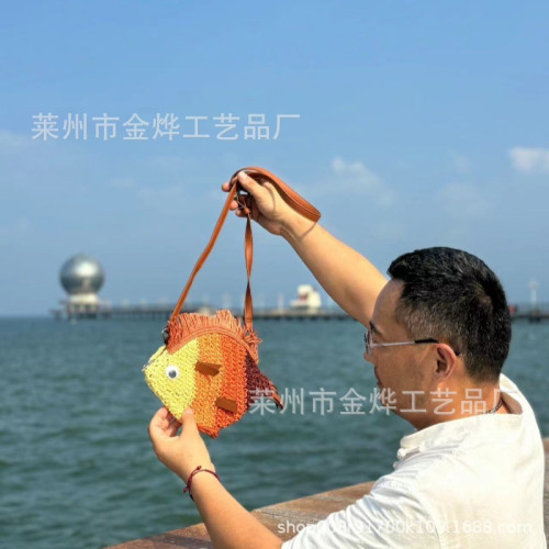 魚造型草編包彩色魚包紙繩鉤織斜背女包手工編織包包