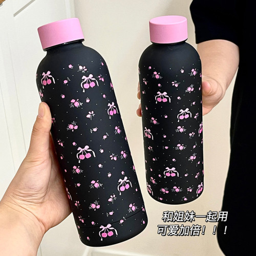 原創新款櫻桃黑色粉蓋304不鏽鋼保溫杯韓版簡約可愛學生保溫杯女