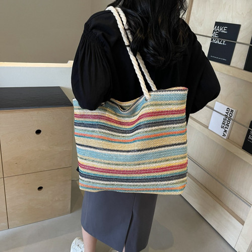 彩色草編包包女2024夏季新款沙灘包洋氣彩虹托特包百搭單肩編織包