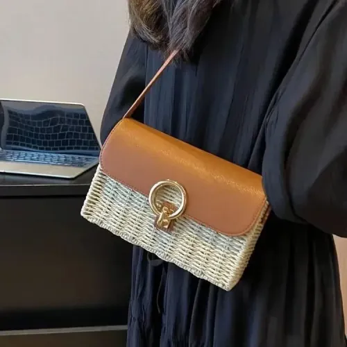斜背方形編織包新款休閒草編包度假沙灘包女包百搭藤編包