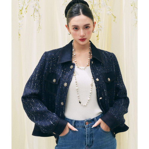 【盛都】25春新品韓系高級感牛仔拼接時髦精百搭小香風上衣外套女
