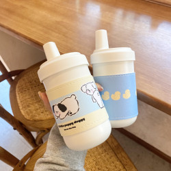 小狗狗珍珠奶茶保溫杯 不鏽鋼水杯 帶可愛皮套