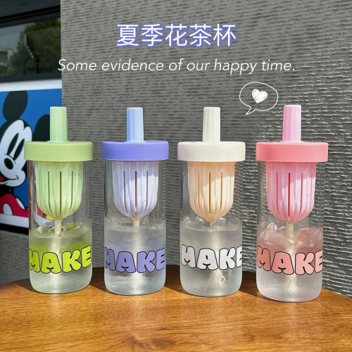簡約花茶水杯夏季情侶辦公泡茶吸琯杯學生可攜式茶水分離玻璃杯