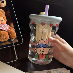 耐高溫茶水分離玻璃杯女生高顔值果茶吸琯杯ins卡通辦公室咖啡杯