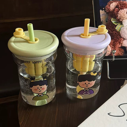 耐高溫茶水分離玻璃杯女生高顔值果茶吸琯杯ins卡通辦公室咖啡杯