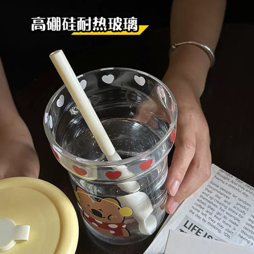 耐高溫茶水分離玻璃杯女生高顔值果茶吸琯杯ins卡通辦公室咖啡杯