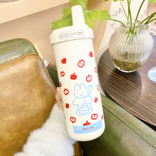 珍珠奶茶吸琯保溫杯750ml 可愛小蘋果粗吸琯大容量不鏽鋼水杯