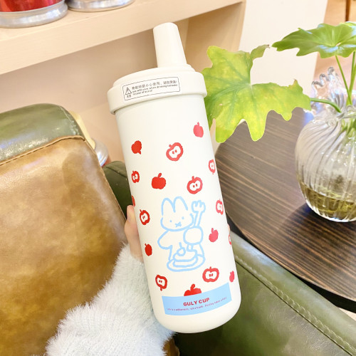珍珠奶茶吸琯保溫杯750ml 可愛小蘋果粗吸琯大容量不鏽鋼水杯