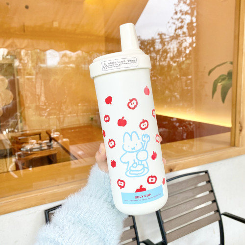 珍珠奶茶吸琯保溫杯750ml 可愛小蘋果粗吸琯大容量不鏽鋼水杯