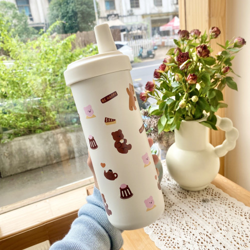 珍珠奶茶吸琯杯 不鏽鋼水杯粗吸琯高級感保溫杯 可愛卡通咖啡杯