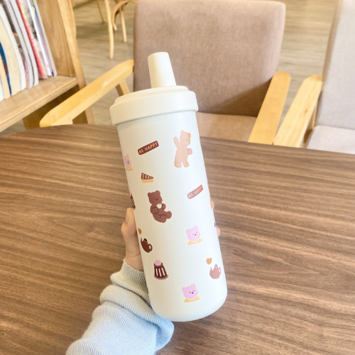 珍珠奶茶吸琯杯 不鏽鋼水杯粗吸琯高級感保溫杯 可愛卡通咖啡杯