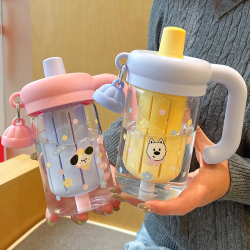 水杯玻璃杯女生泡茶杯2025新款夏季高顔值把手辦公室可愛吸琯杯子