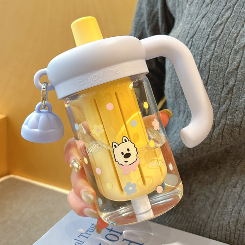 水杯玻璃杯女生泡茶杯2025新款夏季高顔值把手辦公室可愛吸琯杯子