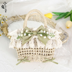原創Lolita森系鈴蘭花蕾絲沙灘田園草編包藤編包手提編織包斜後背包