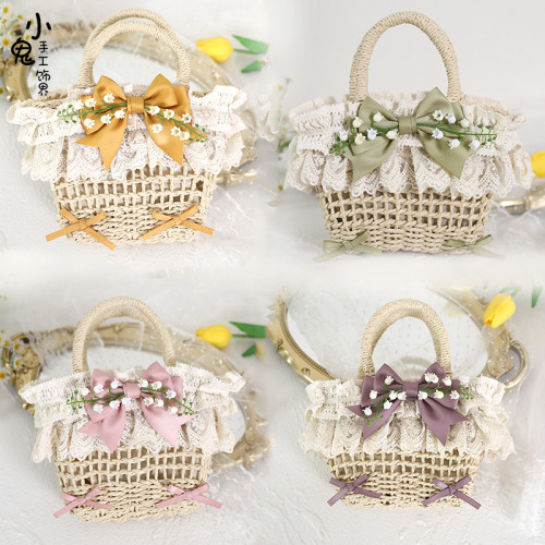 原創Lolita森系鈴蘭花蕾絲沙灘田園草編包藤編包手提編織包斜後背包