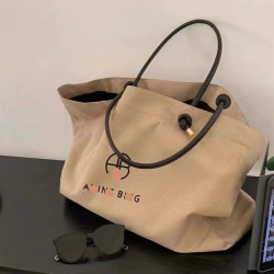 字母印花大容量托特包度假棉麻帆布包單肩包手提包可加