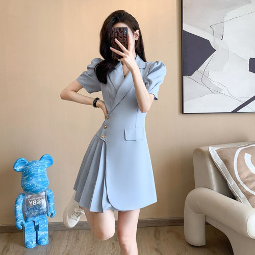 法式小香風白色連衣裙夏季女裝裙子新款夏氣質顯瘦百褶西裝裙女