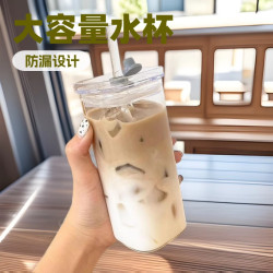 玻璃水杯 韓式方形ins高顔值玻璃杯 帶蓋透明簡約平底家用咖啡杯