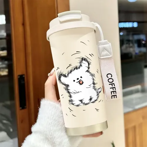 甩頭狗狗男女學生大容量保溫杯吸琯簡約雙飲水杯保冷杯咖啡杯保溫