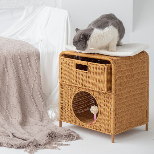 手工編織寵物窩四季通半封閉雙層貓屋半封閉房子藤編床頭櫃貓窩 手工編織寵物窩四季通半封閉雙層貓屋半封閉房子藤編床頭櫃貓窩