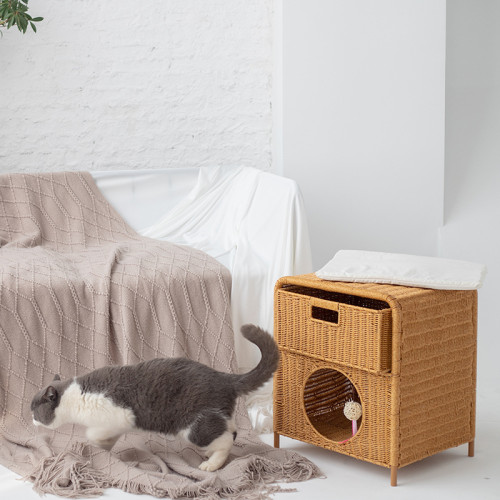 手工編織寵物窩四季通半封閉雙層貓屋半封閉房子藤編床頭櫃貓窩 手工編織寵物窩四季通半封閉雙層貓屋半封閉房子藤編床頭櫃貓窩