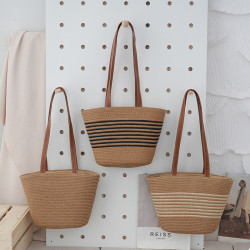 夏天海邊度假草編包女包編織包2024新款條紋通勤單肩托特包大容量