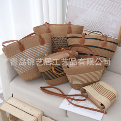 條紋單肩草編包手提包新款大容量休閒時尚女海邊沙灘藤編織包