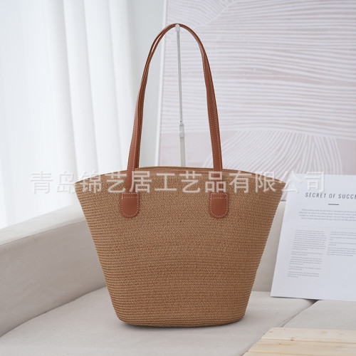 條紋單肩草編包手提包新款大容量休閒時尚女海邊沙灘藤編織包