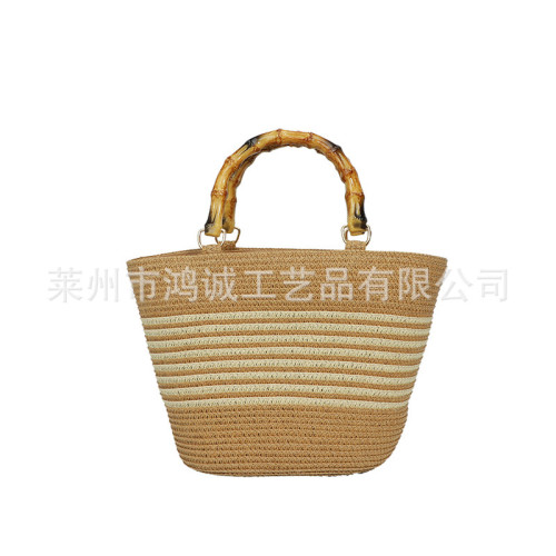 竹節手提草編包新款可愛條紋手拎編織包海邊度假沙灘包百搭女包