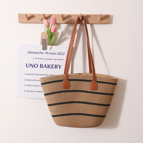 條紋單肩草編包編織包夏季新款大容量休閒百搭女海邊沙灘藤編織包 條紋單肩草編包編織包夏季新款大容量休閒百搭女海邊沙灘藤編織包