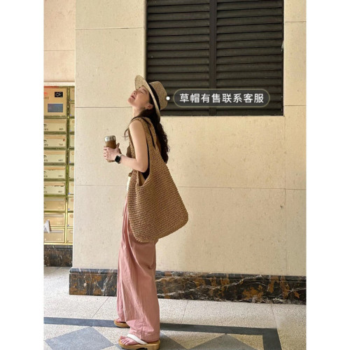 側面cm單肩大容量斜背草包女夏帆布袋海邊度假沙灘編織包包草編包