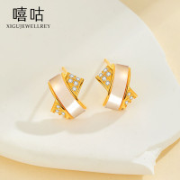 嘻咕E1855 S925銀個性氣質交叉貝母鋯石耳釘簡約小衆設計新款耳飾