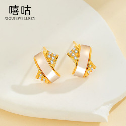 嘻咕E1855 S925銀個性氣質交叉貝母鋯石耳釘簡約小衆設計新款耳飾
