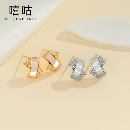 嘻咕E1855 S925銀個性氣質交叉貝母鋯石耳釘簡約小衆設計新款耳飾