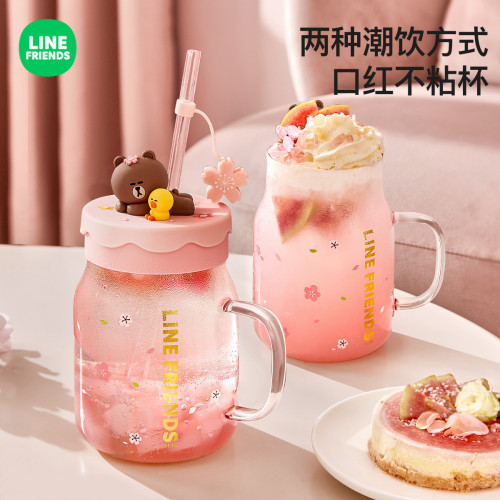LINE FRIENDS玻璃水杯女生兒童夏季大容量吸管杯子卡通櫻花大肚杯 LINE FRIENDS玻璃水杯女生兒童夏季大容量吸管杯子卡通櫻花大肚杯