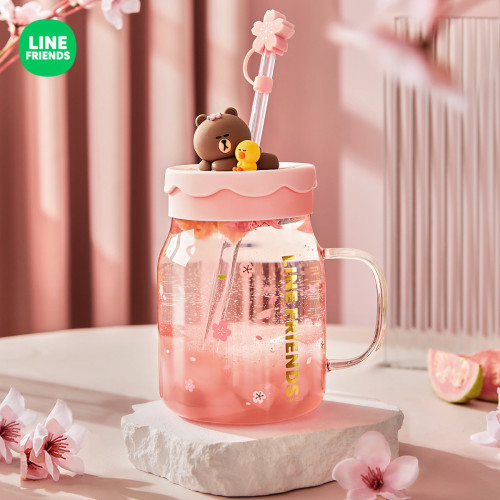 LINE FRIENDS玻璃水杯女生兒童夏季大容量吸管杯子卡通櫻花大肚杯 LINE FRIENDS玻璃水杯女生兒童夏季大容量吸管杯子卡通櫻花大肚杯