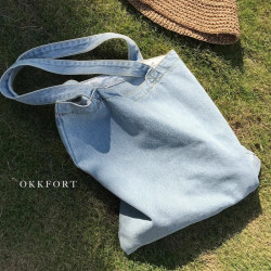 新款牛仔休閒帆布包韓版水洗淺藍色簡約純色百搭復古街拍文藝單肩