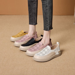 真皮鏤空透氣樂福鞋女2025夏季新款平底休閒單鞋一腳蹬懶人鞋