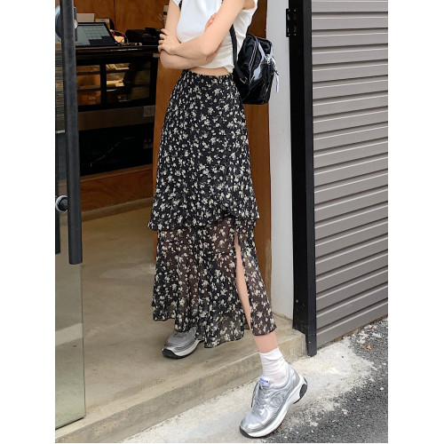 不規則雪紡碎花裙子半身裙夏季大碼開叉遮胯中長裙高腰a字裙女裝