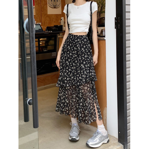 不規則雪紡碎花裙子半身裙夏季大碼開叉遮胯中長裙高腰a字裙女裝