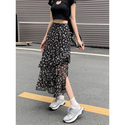不規則雪紡碎花裙子半身裙夏季大碼開叉遮胯中長裙高腰a字裙女裝