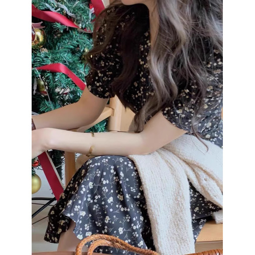 XZOXZO2025山本風黑色碎花裙子女新款法式高級感系帶收腰連衣裙夏